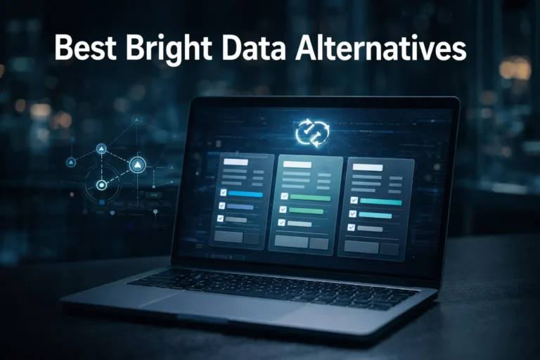 Laptop showing a comparison dashboard of the best Bright Data alternatives next to a holographic network map.