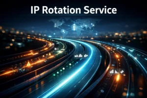 Futuristic neon data highway with world map overlay depicting an IP Rotation Service.