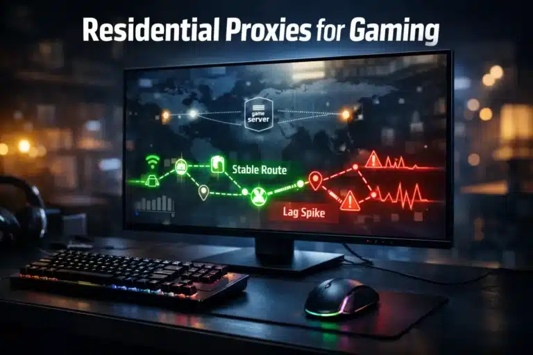Gaming desk with monitor showing network routes, Residential Proxies for Gaming headline.