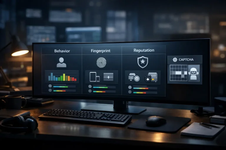 Dimly lit operations desk with an ultrawide monitor showing an unbranded risk-score dashboard (behavior, fingerprint, reputation) and a CAPTCHA warning tile, illustrating bypassing CAPTCHA for web scraping.
