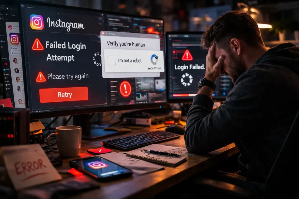 Photorealistic cover image for an Instagram IP Ban article showing a frustrated manager at a dimly lit desk, staring at monitors filled with CAPTCHA prompts, failed Instagram login attempts, warning icons, and blocked account access.