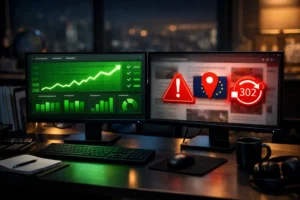 Photorealistic AdOps desk at night with dual monitors: one shows an all-green performance dashboard, the other displays red warning tiles (brand safety, geo mismatch, 302 redirect), illustrating an ad verification framework in action.