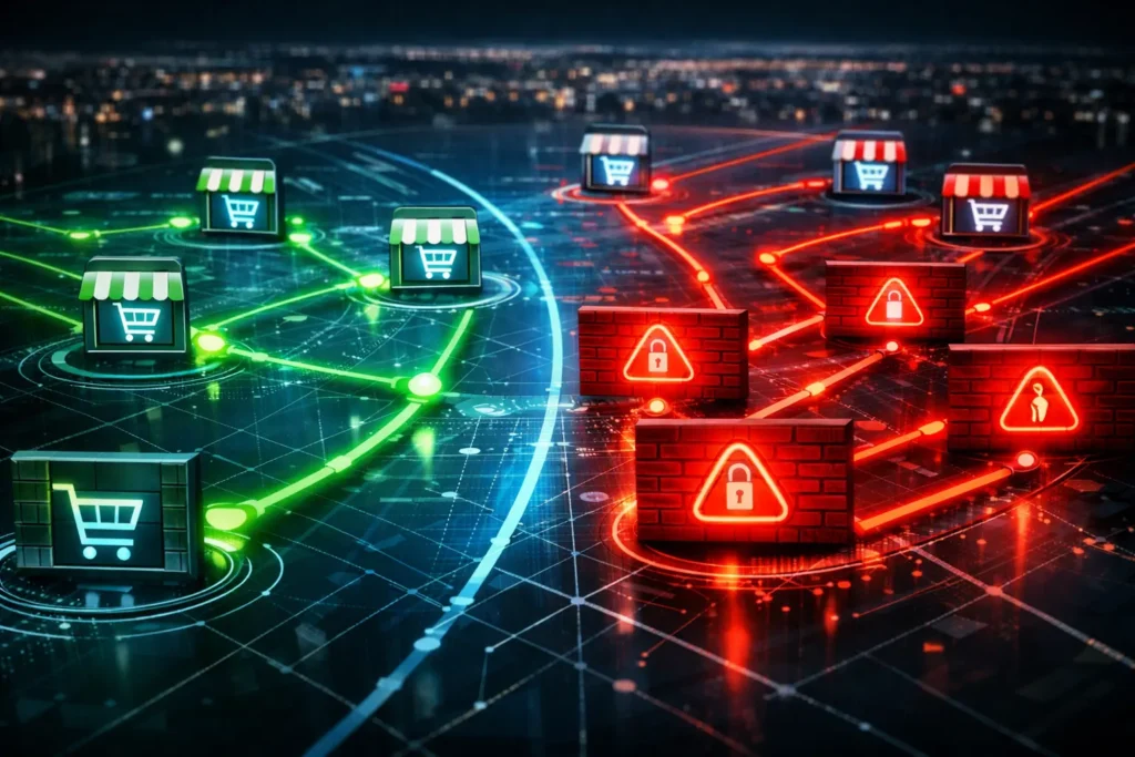Futuristic network map showing proxies for Stellar AIO routing toward online store icons, with some connections passing successfully and others blocked by glowing red firewall barriers.