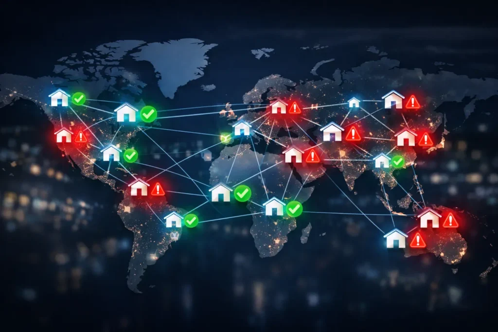 World map showing connected home IP nodes with green verified markers and red warning alerts, illustrating how the legality of residential proxy sourcing depends on consent and transparency rather than whether proxies are illegal.
