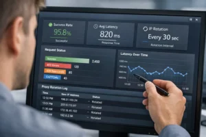 Analyst reviewing a live dashboard of latency, success rate, and IP rotation metrics for Proxies for Web Data Collection.