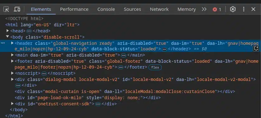 A DOM tree with header tag highlighted