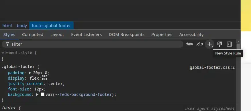 The CSS (Styles) panel with the New Style Rule button highlighted