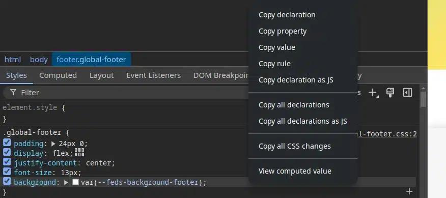 The right-click context menu in the CSS panel showing the Copy option for a CSS rule