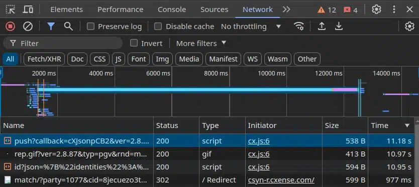 The Network tab open with a refreshed page, highlighting an item with a long load time in the Time column