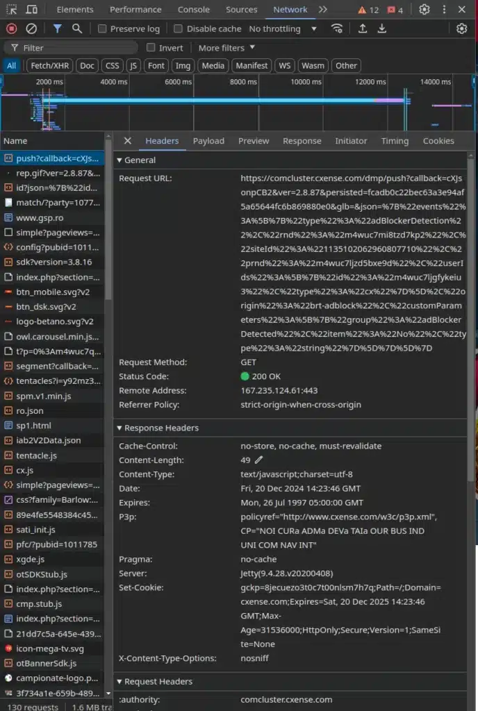 A specific API request selected in the Network tab, displaying details like headers, payload, and response data