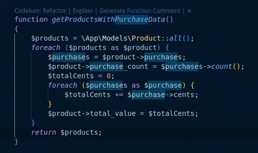 Before Codeium refactoring a code snippet for optimization