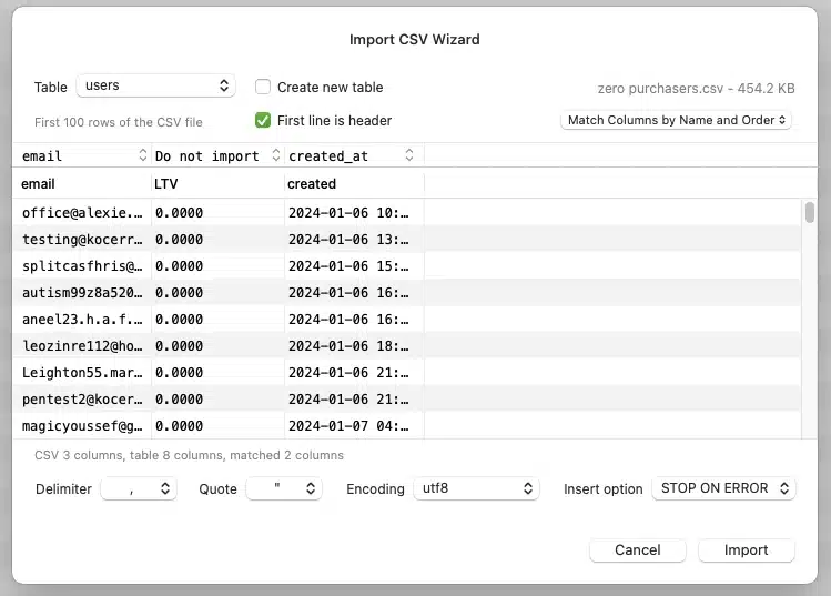 A CSV import/export dialog in a Table+ database tool