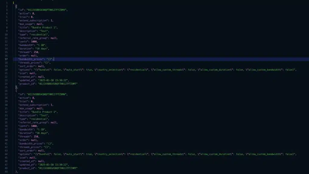 JSON export from a MySql table. The options, bandwidth_prices, threads_prices columns are JSON